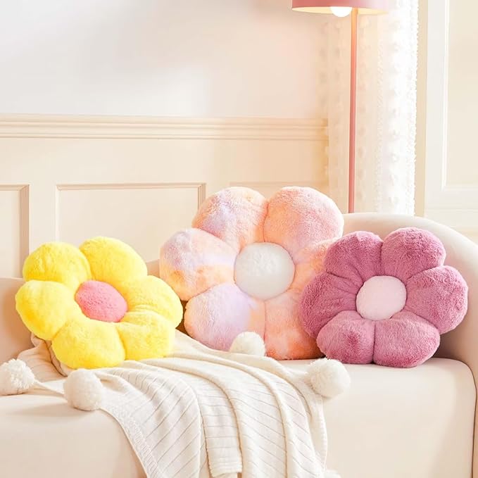 Kcvvcr Flower Pillow Cute Decorative Throw Pillow with Faux Rabbit Fur Soft Daisy Plush Floor Cushion Aesthetic Flower Shaped Pillow Home Decor for Bed Sofa Couch (Yellow 14.9 Inch)