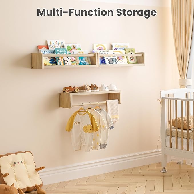 upsimples 2 Pack Nursery Book Shelves, 15.7 Inch Floating Bookshelves for Wall, Baby Nursery Decor, Small Solid Wood Wall Mounted Shelves for Baby Kids Boys Girls, Natural - Image 6