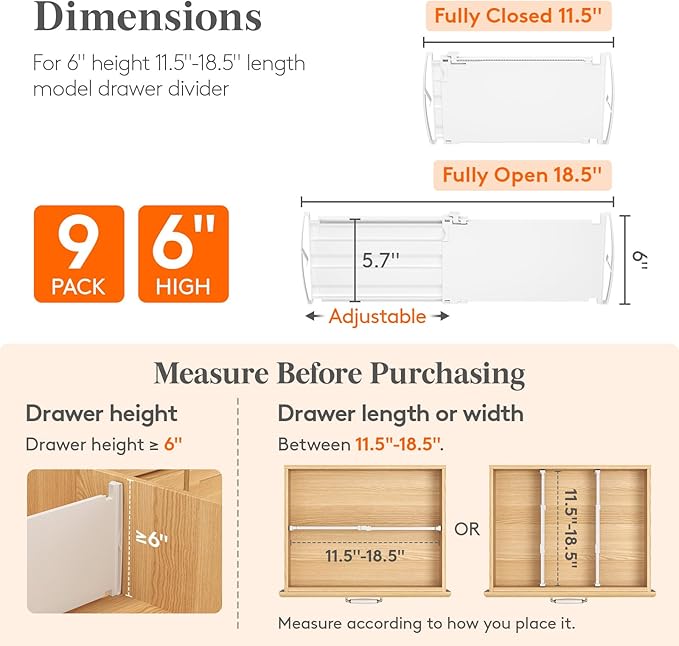 Lifewit 6" Tall 9 Pack Drawer Dividers, 30-47cm/11.5-18.5" Expandable Drawer Divider for Clothes, Adjustable Dresser Drawer Organizers, Drawers Separators for Dresser/Bathroom/Closet/Kitchen White - Image 2