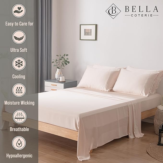 Bella Coterie 7 Piece Luxury Bamboo Viscose Split King Size Sheet Set | 2 Fitted Sheets for Adjustable Beds | 100% Organically Grown | Cooling for Hot Sleepers | 4 Pillowcases [Champagne]