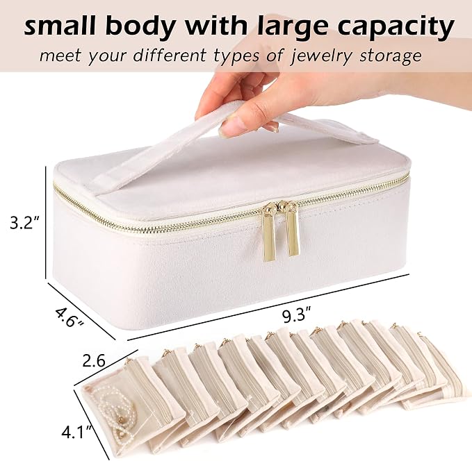 HofferRuffer Jewelry Box Organizer for Women Girls, Travel Jewelry Case with 12 Portable Zipper Bags, Jewelry Storage Ideal for Travel & Home Organization (12pcs-CreamWhite Velvet) - Image 2