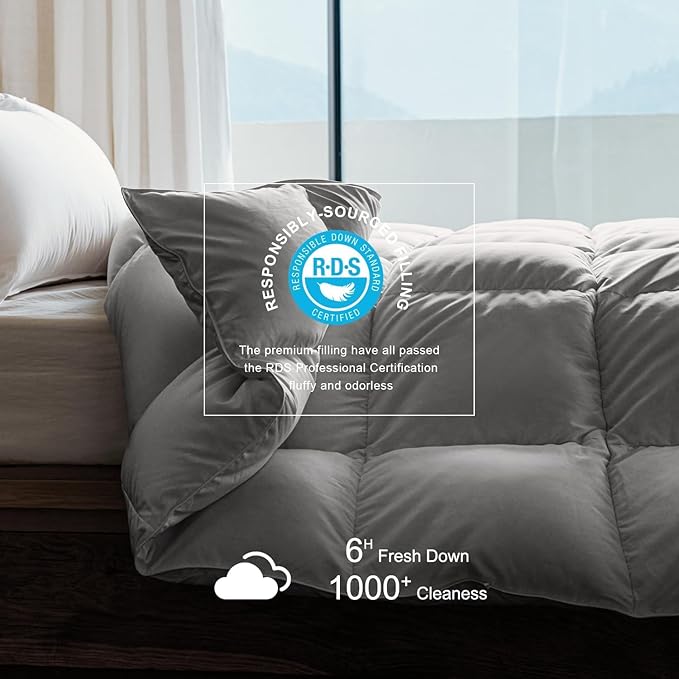 Royoliving Premium Feathers Down Duvet Insert Comforter Twin Size Gray All Season Medium Warmth Grey 100% Cotton Cover with Corner Tabs (68x90, 35 oz)