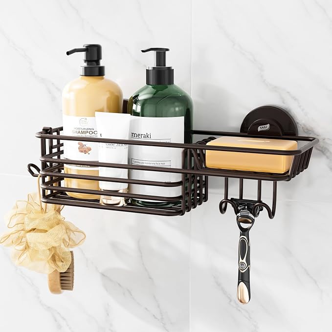 TAILI Shower Caddy Suction Cup with Hooks & Soap Holder, Heavy Duty Bathroom Shower Organizer, No Drilling Shelves for Inside Bathroom, Brown Metal Storage Holder by TAILI