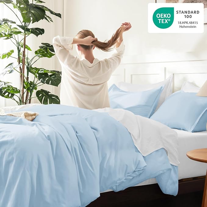 Litanika Comforters Light Blue California King Size, 3 Pieces Cal King Lightweight Solid Bedding Comforter Set, All Season Fluffy Bed Set (104x96In Comforter & 2 Pillowcases)