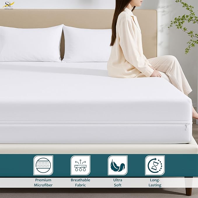 Mattress Protector Crib Size 100% Waterproof Zippered Cover, 6 Inches Deep, Six-Sided Mattress Encasement for Bed, Zipper Closure Style (White)