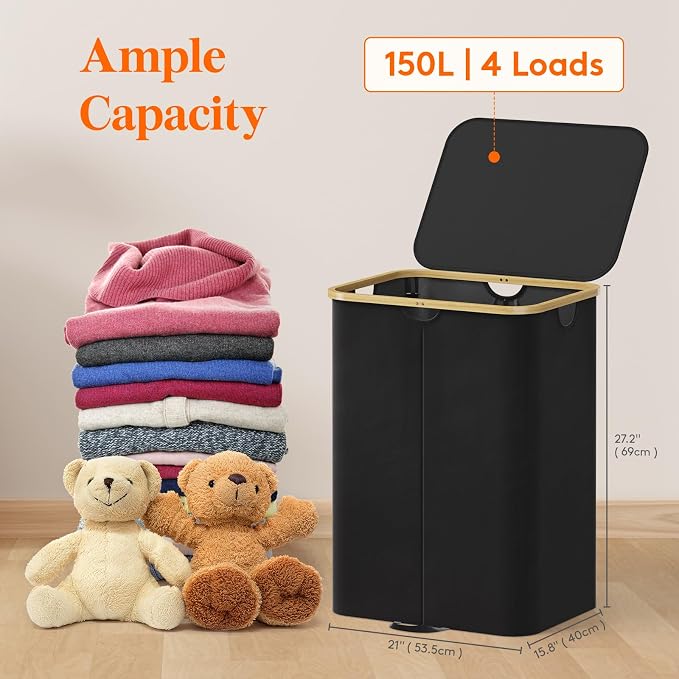 Lifewit 150L Double Laundry Hamper with Lid, Large Laundry Basket with Removable Bag & Bamboo Handles, Fodable Tall Dirty Clothes Hamper for Laundry Collapsible Bin for Bathroom Bedroom Dorm, Black - Image 2