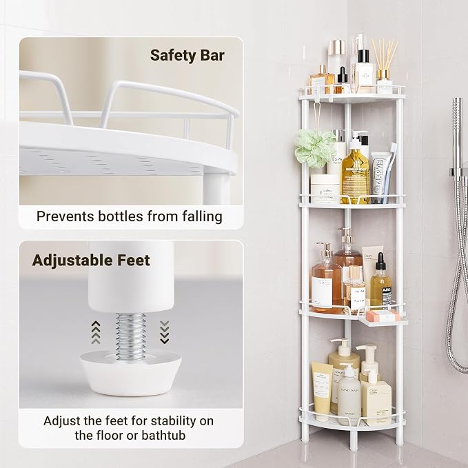 ELYKEN Corner Shower Caddy Standing, 4 Tier Rustproof Metal Shower Organizer with Soap Holder, Floor Shower Corner Shelf Rack Storage Stands with Adjustable Feet & 2 Hooks for Bathroom, White - Image 4