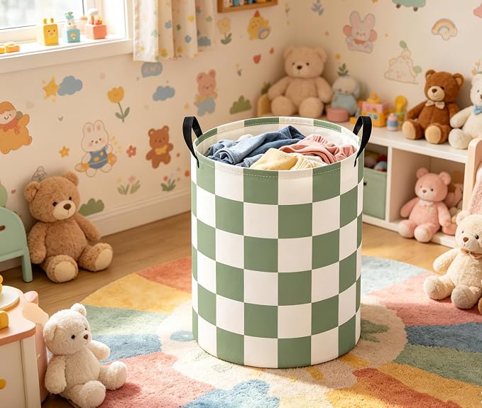 Baby Laundry Basket Baby Nursery Hamper Kids Laundry Basket Toy Storage Bin for Boys Room Decor Gift Baskets for Bedroom Bathroom(Green Checkered) - Image 5