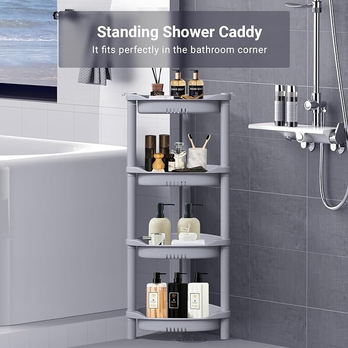 ELYKEN 4 Tier Shower Caddy Organizer Shelf Corner, 14.4 x 11.2 x 31.5 Inches, Rustproof, Plastic Shower Rack Stands for Inside Bathroom, Bathtub, Shower Pan, Grey - Image 3