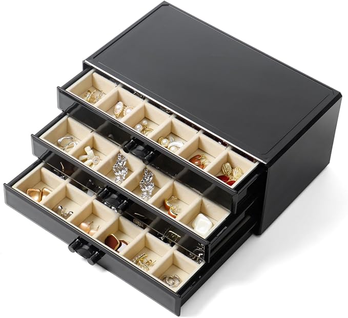 YUFONG Earring Organizer Box Acrylic Jewelry Organizer with 3 Drawers 54 Adjustable Grids Clear Stackable Earring Holder Velvet Trays Ring Display Case for Women Girls (Black Beige) by YUFONG