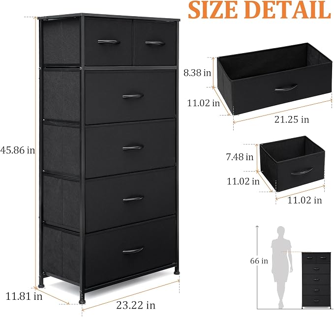 Fabric Dresser for Bedroom, Tall Skinny Dresser with 6 Drawers, Storage Organizer Tower, Steel Frame Wooden Top for Closet, Living Room, Hallway, Nursery(Black) - Image 3