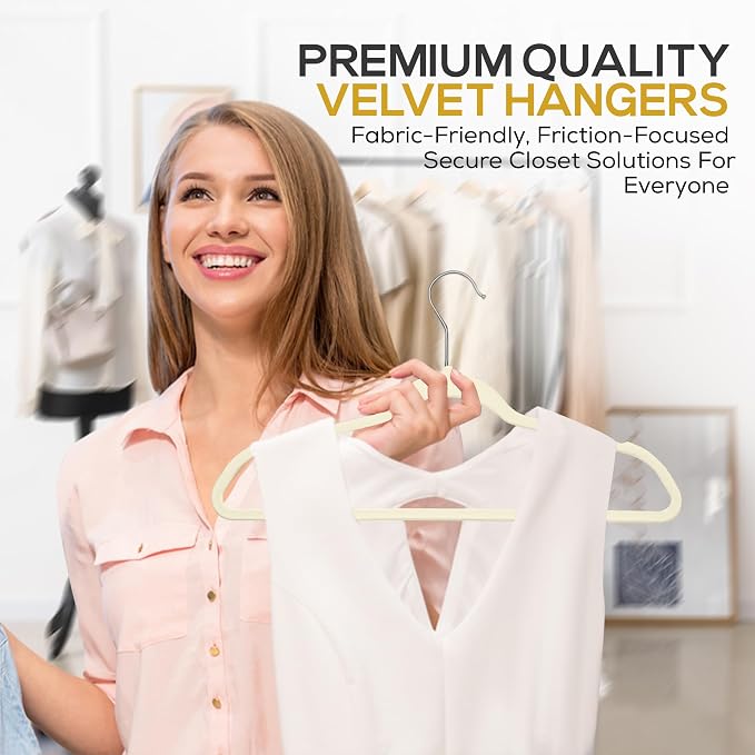 Techzoo 50 Pack New Premium Quality Velvet Hangers Ultra Thin Non Slip Adult Felt Space Saving Hangers for Closet Heavy Duty Coat Pants Jackets Dress Hangers 360° Swivel Hook Hold Upto 10 lbs Ivory - Image 5