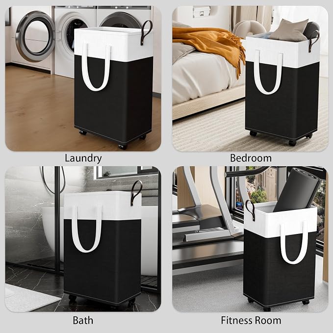 HomeHacks Laundry Basket with Wheels, Rolling Laundry Hamper, Collapsible & Waterproof Clothes Hamper, Narrow Corner Bins with Extended Handles for in the Family & Dorm 90L, Black - Image 7