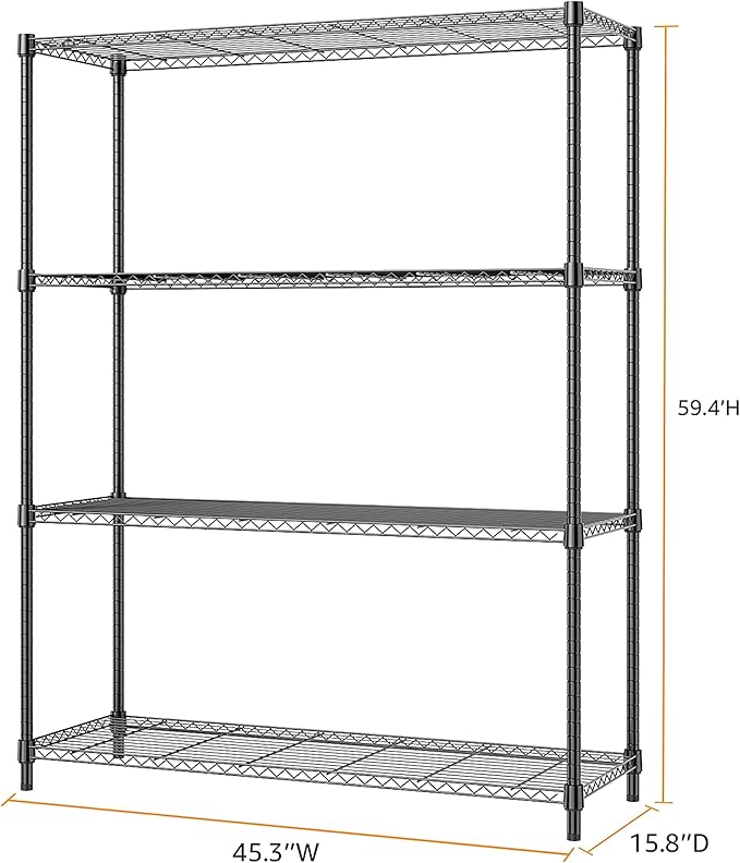 M MZG 1400 lbs 4 Tier Storage Rack Metal Wire Shelving Unit, Storage Standing Household Shelf Organizer for Kitchen Pantry Closet Garage Basement Utility Room, Black 15.8" D x 45.3" W x 59.4" H - Image 3