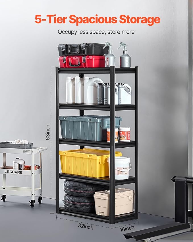 VEVOR Storage Shelves, 2000 lbs, 5 Tier Garage Storage Shelving, 16" D x 32" W x 63" H Adjustable Metal Shelves for Garage Shelves Utility Rack Shelf, Ideal for Kitchen, Warehouse, Basement, Black - Image 3