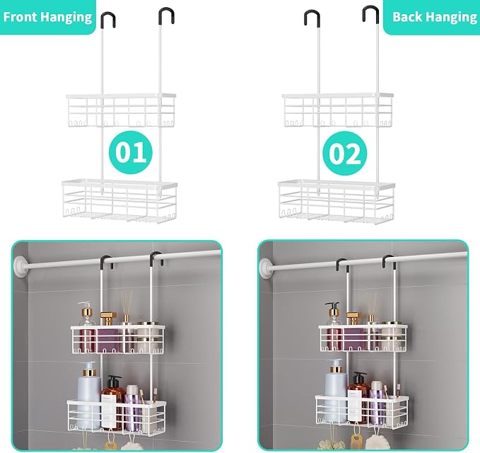 HapiRm Hanging Shower Caddy Organizer - No Drilling Shower Organizer with Hooks, Rustproof & Waterproof 304 Stainless Steel Bathroom Shelves - White - Image 4
