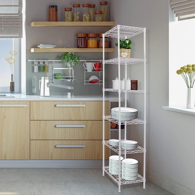 GIOTORENT 6-Tier Storage Shelves Standing Shelving Metal Units, Adjustable Height Wire Shelf Display Rack for Pantry Laundry Bathroom Kitchen 16.6” x 11.8” x 63”, White - Image 2