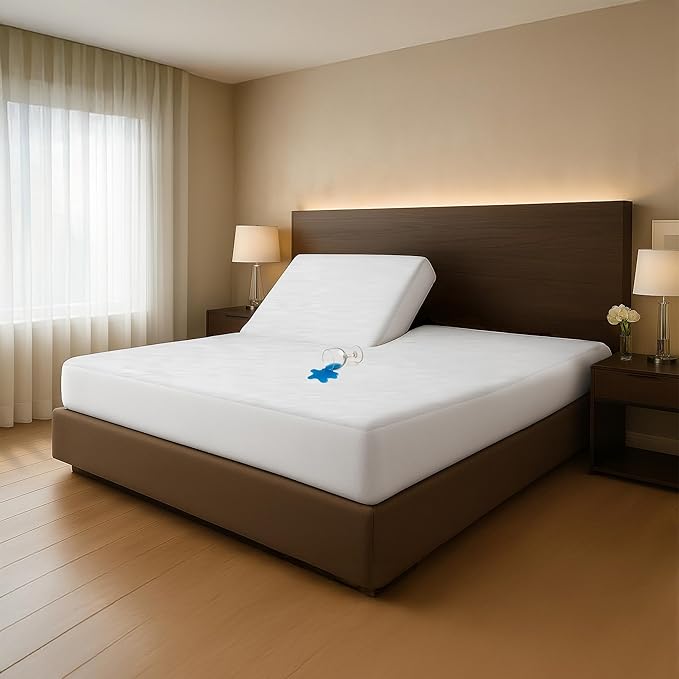 SGI bedding Waterproof Split Top Cal King 72x84 Mattress Protector Pad Cover– 34" Top, 18" Deep Pocket Fitted Style, Soft Noiseless & Breathable Bed Cover for Adjustable Head Beds White