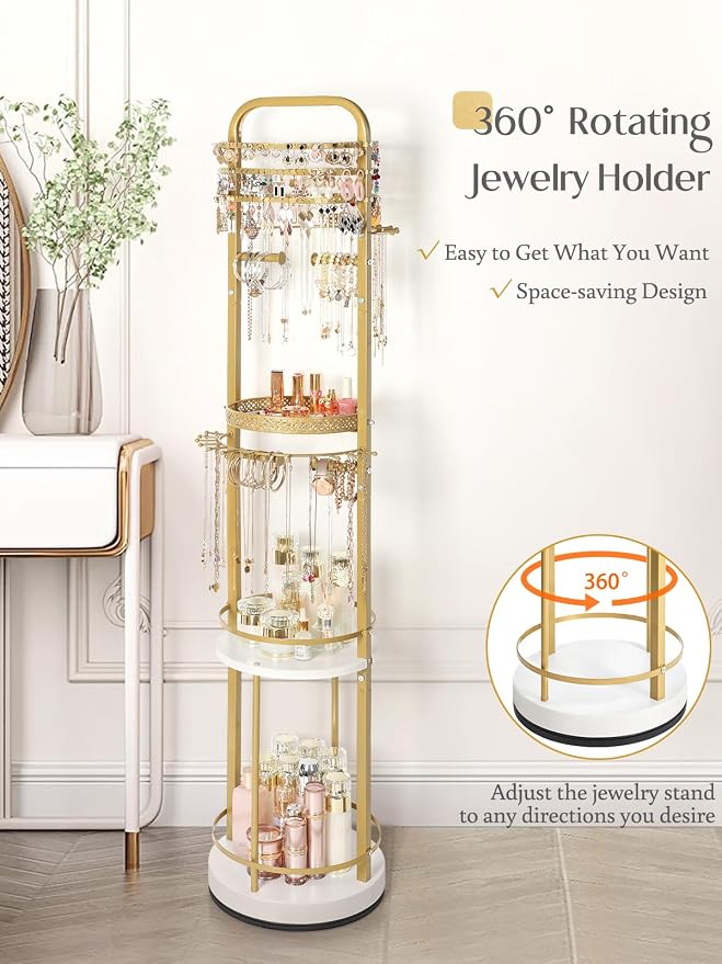 Jewelry Holder Organizer, Floor Jewelry Organizer with Earring Organizer Necklace Holder, Rotating Jewelry Stand Necklace Display Earring Storage, Large Hanging Jewelry Tree for Jewlery Bracelet Ring - Image 3