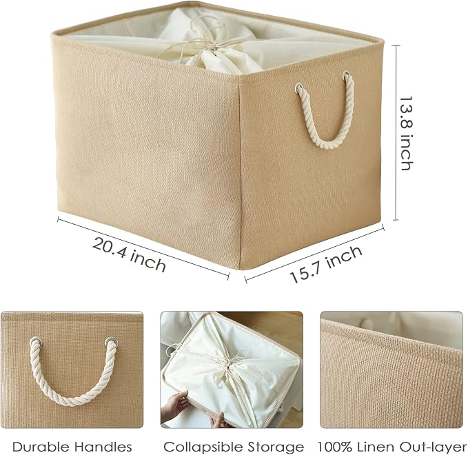 TheWarmHome Storage Bin for Shevles - Extra Jumbo 3Pack 20.5L×15.7W×13.8H inch Organization and Storage Basket for Organizing, Fabric Storage Cubes for Closet Shoe Linen Decorative (Beige) - Image 6