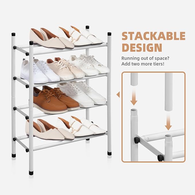 STORAGE MANIAC Expandable Shoe Rack, 16 Pairs Stackable Small Shoe Rack, Metal Adjustable Shoes Organizer for Closet, Entryway, Hallway, Garage, Front Door, Shoes Shelves, White 4 Tier - Image 5