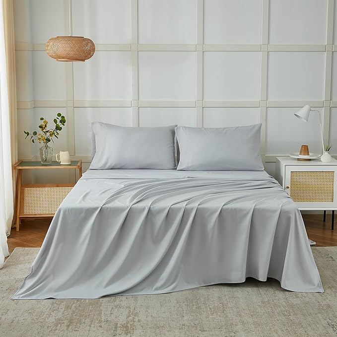 ILAVANDE King Size Sheets Set, 4 Piece Hotel Luxury Super Soft 1800 Series Microfiber Grey Bed Sheets King Set-Wrinkle Free & Breathable-14 Deep Pocket Sheets for King Size Bed(King,Light Grey)