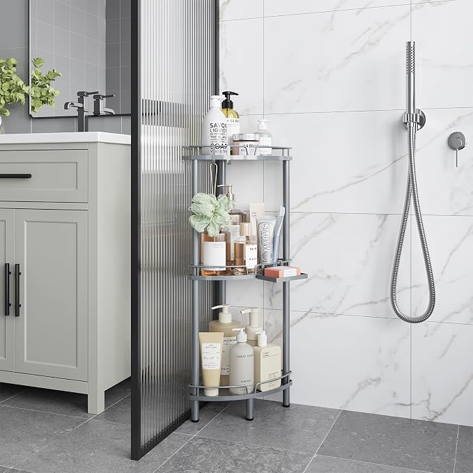 ELYKEN Corner Shower Caddy Standing, 3 Tier Rustproof Metal Shower Organizer with Soap Holder, Floor Shower Corner Shelf Rack Storage Stands with Adjustable Feet & 2 Hooks for Bathroom, Silver - Image 8