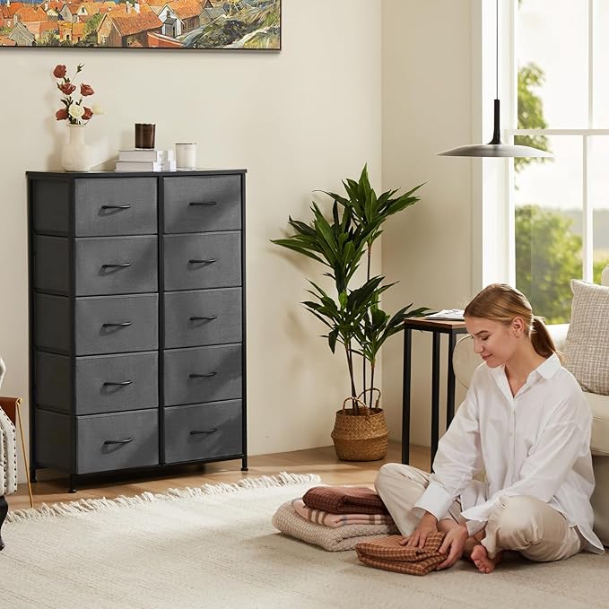 Sweetcrispy Dresser for Bedroom Tall Drawer Dresser Organizer Storage Drawers Fabric Storage Tower with 10 Drawers, Chest of Drawers with Fabric Bin, Steel Frame, Wood Top for Bedroom