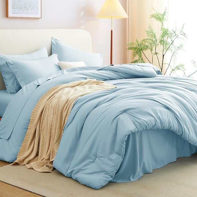 CozyLux Full Size Comforter Sets Light Blue, 7 Pieces Bed in a Bag Full Comforter Set with Sheets, Luxury Bedding Set with Down Alternative Comforter, Fitted Sheet, Flat Sheet, Pillowcases & Shams