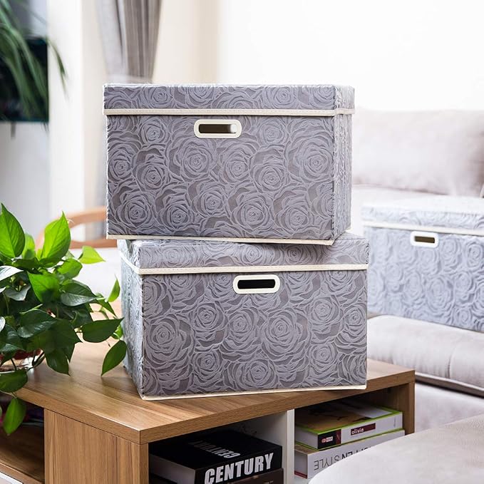 PRANDOM Larger Collapsible Storage Box with Lid [1-Pack] Fabric Decorative Storage Bin Cube Organizer Container Basket with Cover Handles for Bedroom Closet Living Room Gray 17.7x11.8x11.8 Inch - Image 2