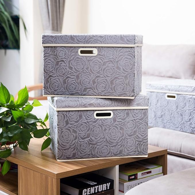 PRANDOM Large Storage Boxes with Lids [5-Pack] Fabric Decorative Storage Bins Cubes Organizer Containers Baskets with Handles for Closet Grey 17.5x11.8x11.8 In For 6+ Year Old Boys and Girls - Image 2