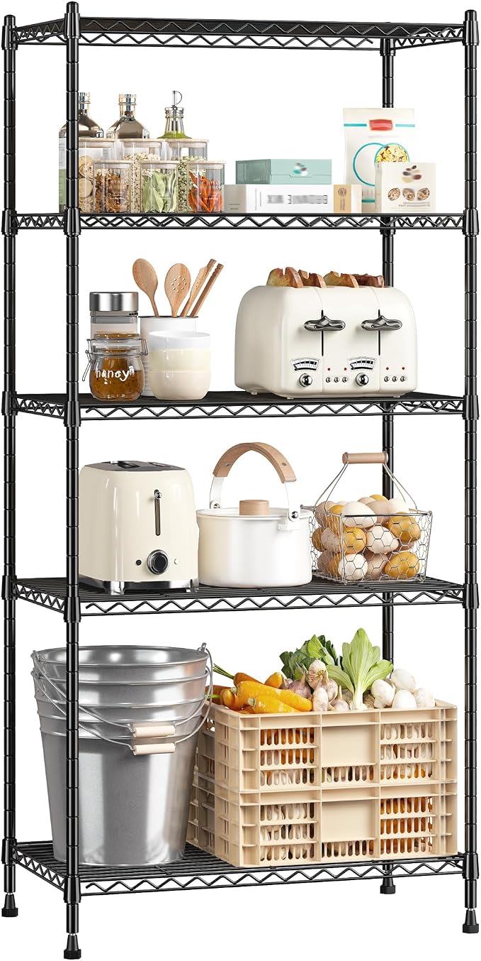 Romorgniz 5-Tier Shelf 1010LBS Storage Shelves Adjustable Wire Shelving Metal Shelving Unit Storage Rack for Kitchen Pantry Closet Laundry School Commercial 59.4" Hx21.5 W x13.6 D by Romorgniz