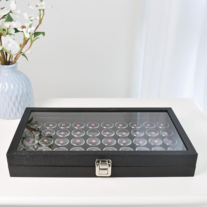 MOOCA Black Glass Top Jewelry Display Case Box 50 Gem Jars, Ring Box, Jewelry Organizer, Gem jar storage for Jewelry, Glass Display Box, storage Tray - Image 8