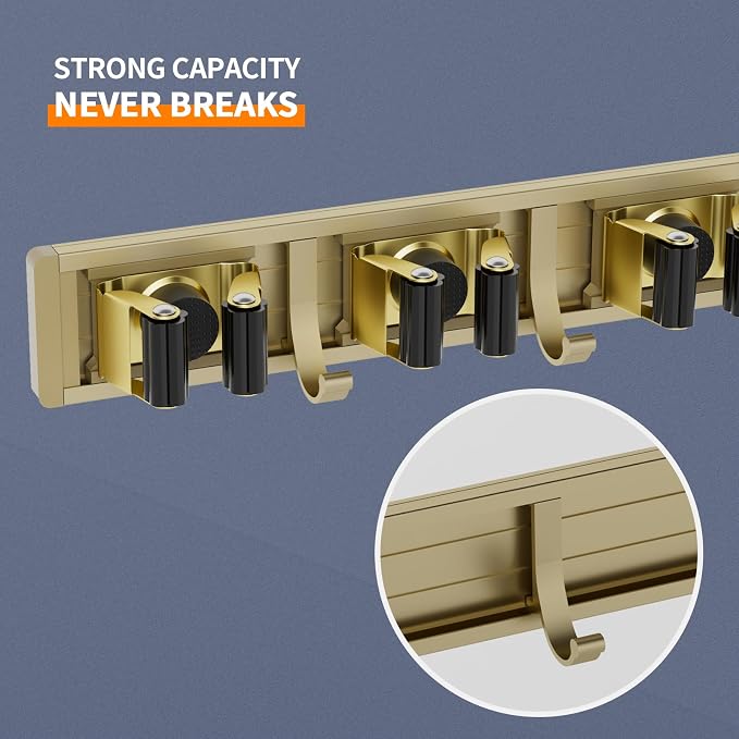 reliahom Broom Holder Wall Mount, 5 Racks with 4 Hooks Bronze - Mop Storage Tool Racks, Broom Hanger Tool Organizer for Garage, Kitchen, Garden, Laundry Room - Image 2