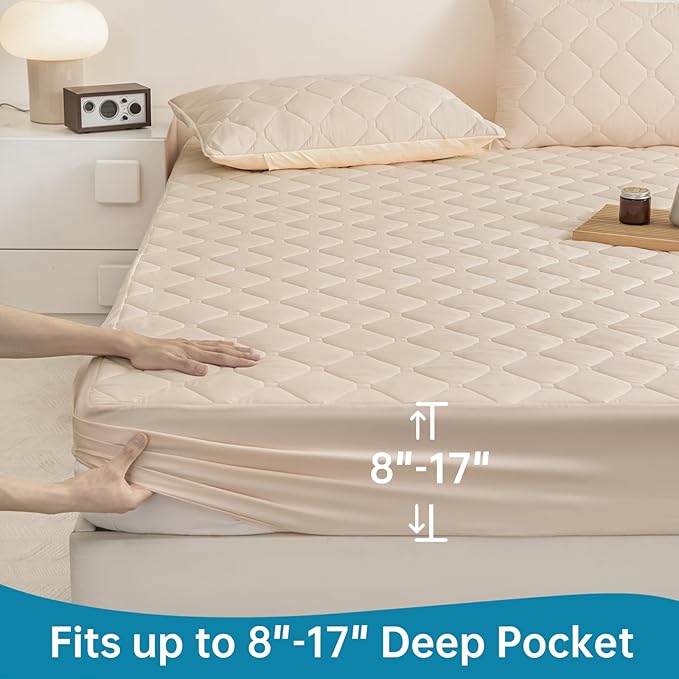 Waterproof Mattress Protector Full, 18” Deep Pocket Fitted Mattress Topper+2pcs Pillow Cases - Leakproof, Oeko-TEX Certified, Breathable & Noiseless,Machine Washable (Khaki)