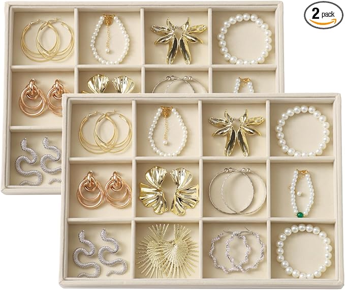 Large Velvet Jewelry Tray 2 Pack Stackable Jewelry Display Drawer Inserts Trays Organizer for Earring Bracelet Necklace Ring (Beige, 12 Grids) by Unknown