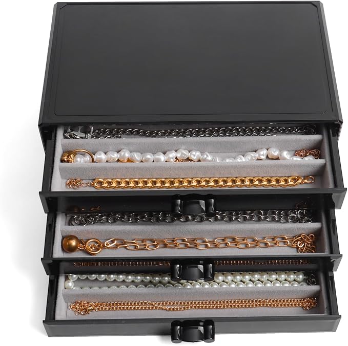 YUFONG Necklace Holder Organizer, Dustproof Necklace Box Velvet Necklace Organizer Box with Lid Clear Acrylic Dustproof Stackable Jewelry Displays for Necklaces Chain Display (Black Gray, 3 Drawer) by YUFONG