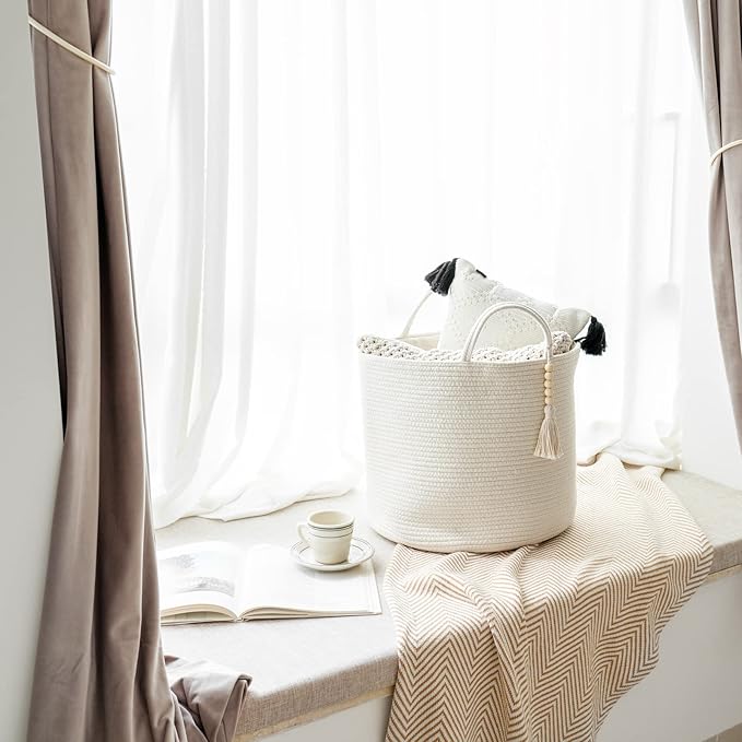 Mkono Woven Storage Basket Decorative Natural Rope Basket Wooden Bead Decoration for Blankets,Toys,Clothes,Shoes,Plant Organizer Bin with Handles Living Room Home Decor, White, 16" W × 13.8"L - Image 3