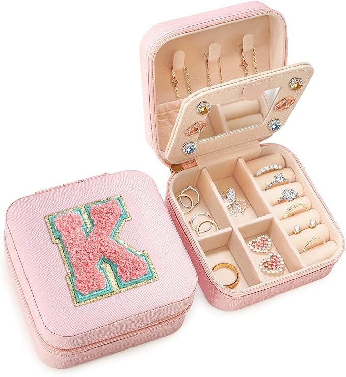SANDJEST Personalized Jewelry Box, Pink Travel Jewelry Box with Initial K, Small Monogrammed Jewelry Case Organizer for Girls Women Teen Kids, Mini Travel Essentials Gifts for Birthday Christmas by SANDJEST
