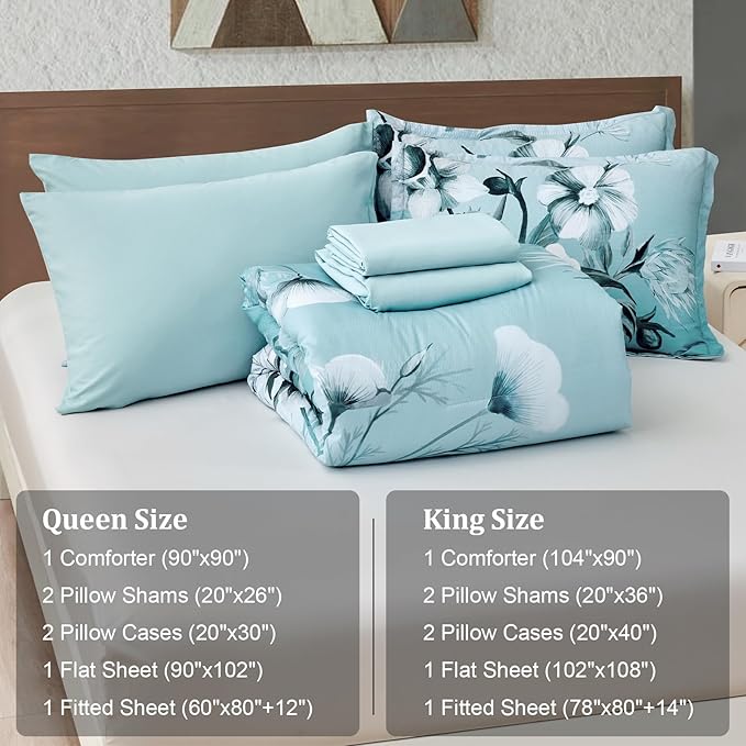 Luxudecor Floral Comforter Set King Size 7 Piece, Aqua Flower Bed in a Bag, Elegant Gradient Floral Comforter with Sheet Set, Soft Seersucker Microfiber Bedding Set for All Season (Aqua, 104"x90")