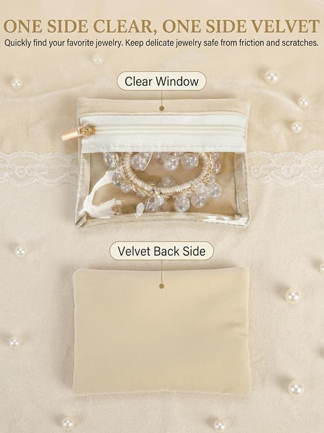 Hacaroa Travel Jewelry Case with 12 Velvet Pouches, Jewelry Storage Organizer Box PU Leather, Clear Window Small Bags Wedding Gifts for Earrings, Necklaces, Bracelets, Rings, Women, Girls, Cream White - Image 4