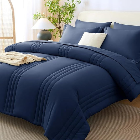 CozyLux Oversized Queen Comforter Set - 7 Pieces Bed in a Bag Navy Blue Comforter Set with Sheets All Seasons Bed Set, Soft Bedding Set with Down Alternative Comforter, Sheets, Pillowcases & Shams