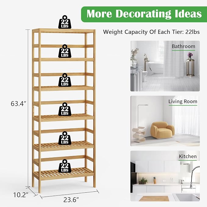 Bamboo Rack, Adjustable Bamboo Shelf, Stand Utility Storage Shelf Multifunctional Bathroom Kitchen Living Room Holder Plant Flower Stand (6-Tier) - Image 3