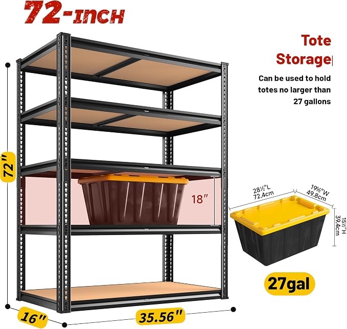 ROOMFAVE 2250LBS Storage Shelves Heavy Duty 5 Tier Garage Storage Shelving, Adjustable Metal Shelving Unit Utility Rack Shelf for Warehouse,Pantry,Closet,Kitchen 72" H x 35.56" W x 16" D, Black,Gift - Image 2