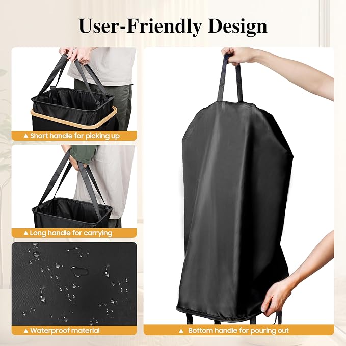 Foluck Large Laundry Hamper, 75L Waterproof Laundry Basket with Lid and Removable Bag, Collapsible Tall Clothes Hamper with Bamboo Handles for Clothes Toys in Dorm Bedroom Bathroom, Black - Image 4