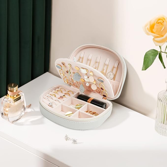 ProCase Travel Size Jewelry Box, Medium Portable Seashell-Shaped Jewelry Case, 2 Layer Mini Jewelry Organizer in PU Leather for Women -Silver - Image 2