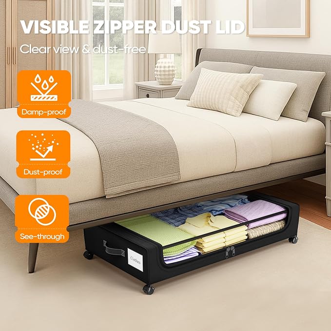 Camkey® Under Bed Storage with 360° Wheels, 2-Pack, 60L Low-Profile Rolling Underbed Bins for Clothes, Shoes, Toys & Books,Easy Pull-Out, Dust Protection, Space-Saving Organizer for Bedroom/Dorm,Black - Image 6