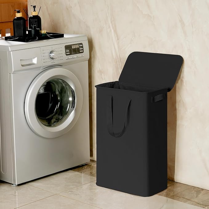 efluky Slim Laundry Basket with Lid, Narrow Laundry Hamper with Handles, Collapsible Dirty Clothes Hamper, Tall Laundry Bin for Laundry Room, Dorm and Bedroom, 55L Black - Image 7