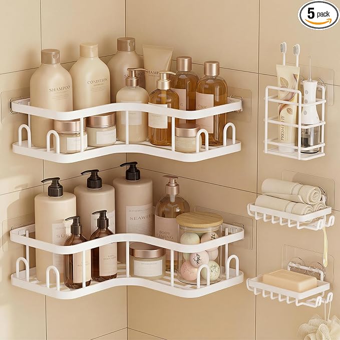 Veken Corner Shower Caddy 5-Pack, Advanced Rustproof Design, No Drilling Adhesive Shelves, Rack with Soap Holder, Large Capacity Bathroom Organizers and Storage, Wall-Mounted Kitchen&Home Decor,White by Veken