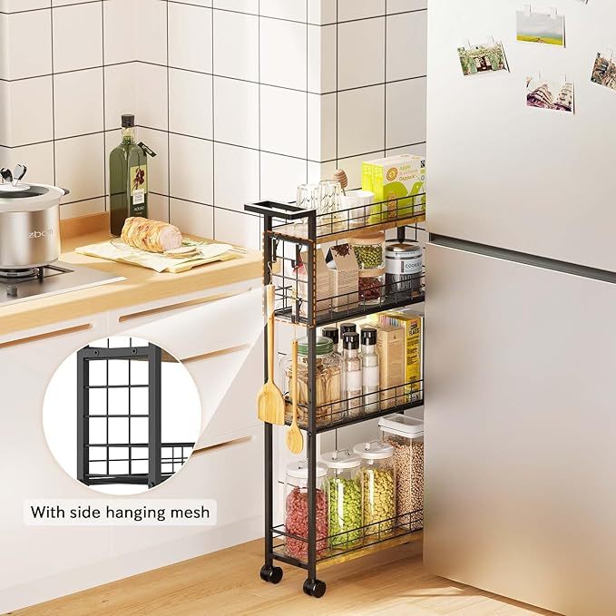 LASZOLA Slim Storage Cart with Wheels, 4 Tier Mobile Narrow Shelving Unit Organizer Utility Cart with Handle, Skinny Rolling Trolley for Small Space Kitchen Bathroom Laundry, Black and Rustic Brown - Image 7